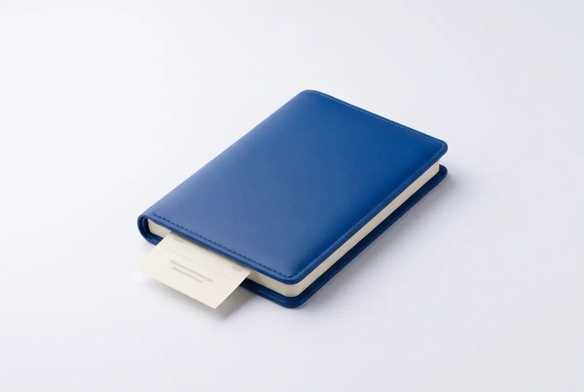 A closed blue expense notebook with a receipt tucked inside.
