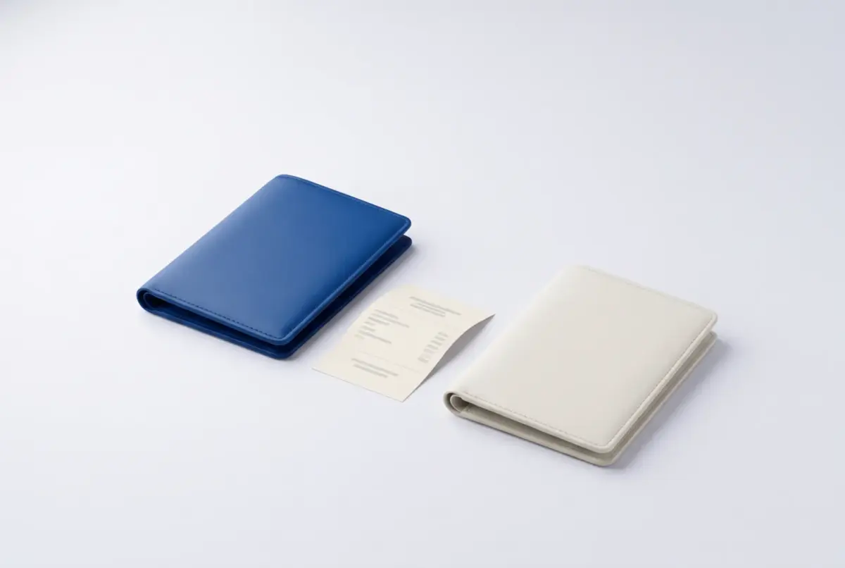 Blue and ivory wallets with a shared receipt between them.